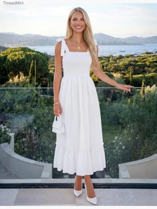 Boho Spaghetti Strap Square Neck Ruffle Maxi Dress Summer Beach - Picture 3 of 7